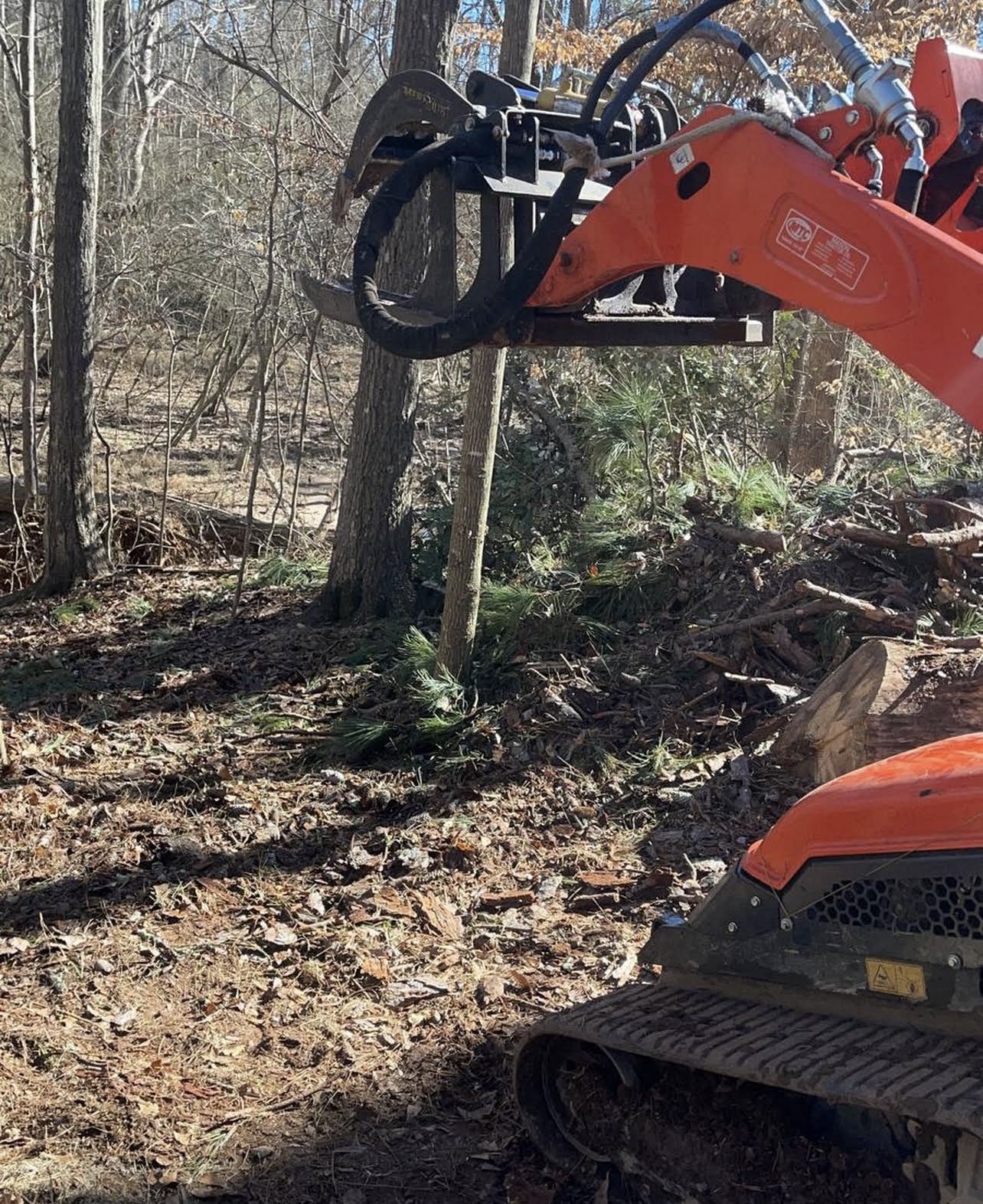 Dingo mini track loader with grapple attachment lifting a log in a wooded lot